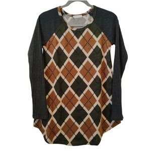 REB. in J. Women's Long‎ Sleeve Tunic Shirt Top Small Argyle Green Brown Cream